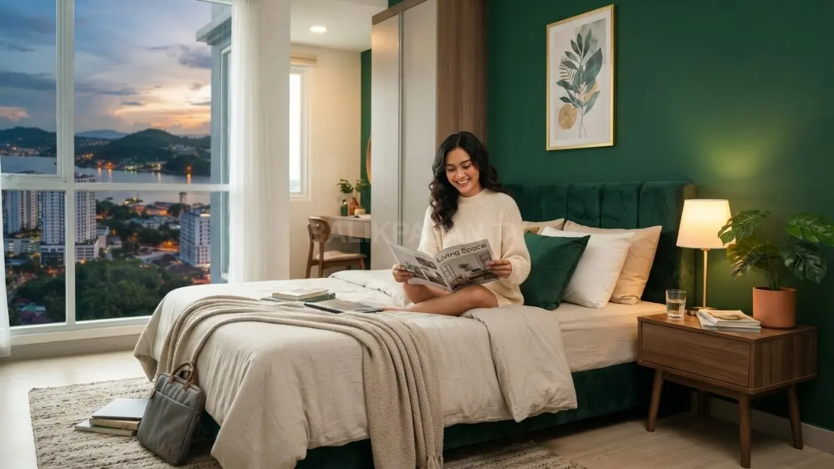 Kamar bernuansa hijau zamrud dengan perpaduan tekstil, kayu, emas, dan dekorasi sederhana menciptakan suasana elegan (BTV/AI)