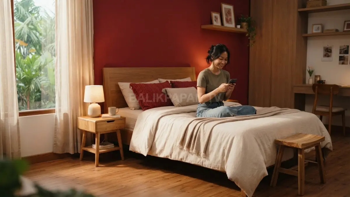 Kamar bertema ruby dipadukan kayu natural dan linen krem menciptakan suasana hangat, seimbang, nyaman, serta elegan (BTV/AI)