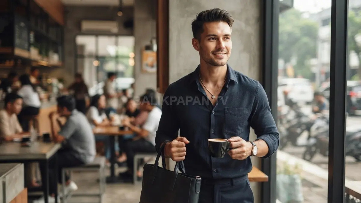Kemeja gelap memberi ruang aksesori leher tampil kontras, rapi, dan tetap seimbang tanpa berlebihan. (BTV/AI)