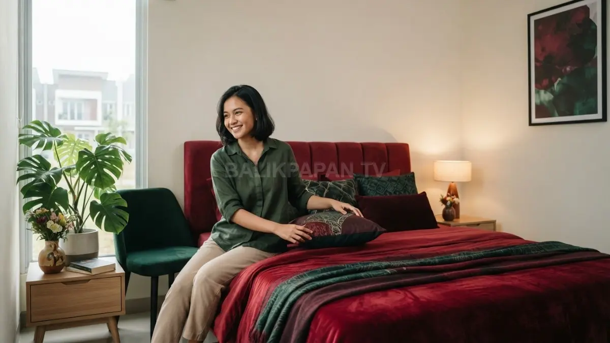 Kombinasi ruby dan hijau gelap menghadirkan kamar berkarakter, kaya, berani, namun tetap seimbang dan elegan. (BTV/AI)