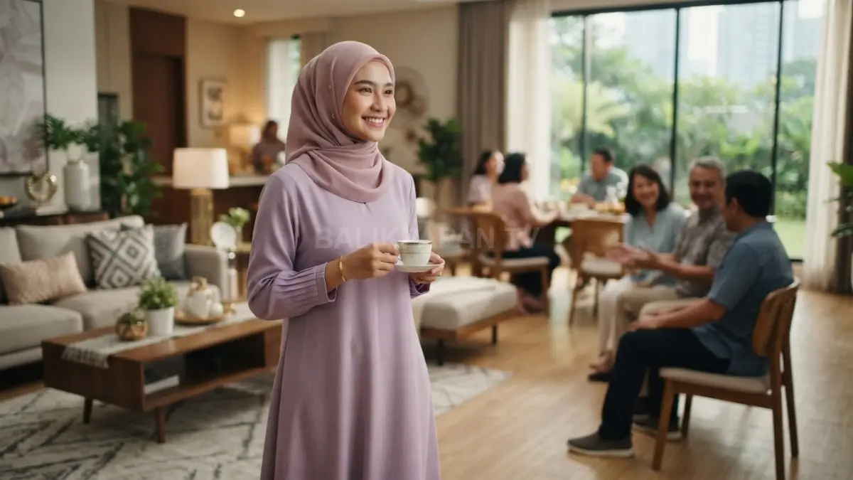 Lilac menghadirkan kelembutan feminin, modern, elegan, manis, dan harmonis bersama hijab netral untuk acara keluarga. (BTV/AI)
