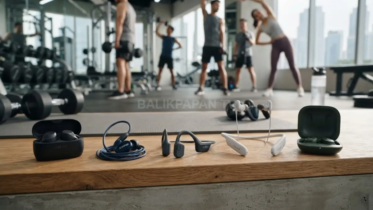 Lima earphone olahraga dengan desain berbeda untuk menemani aktivitas gym, lari, dan workout (BTV/AI).