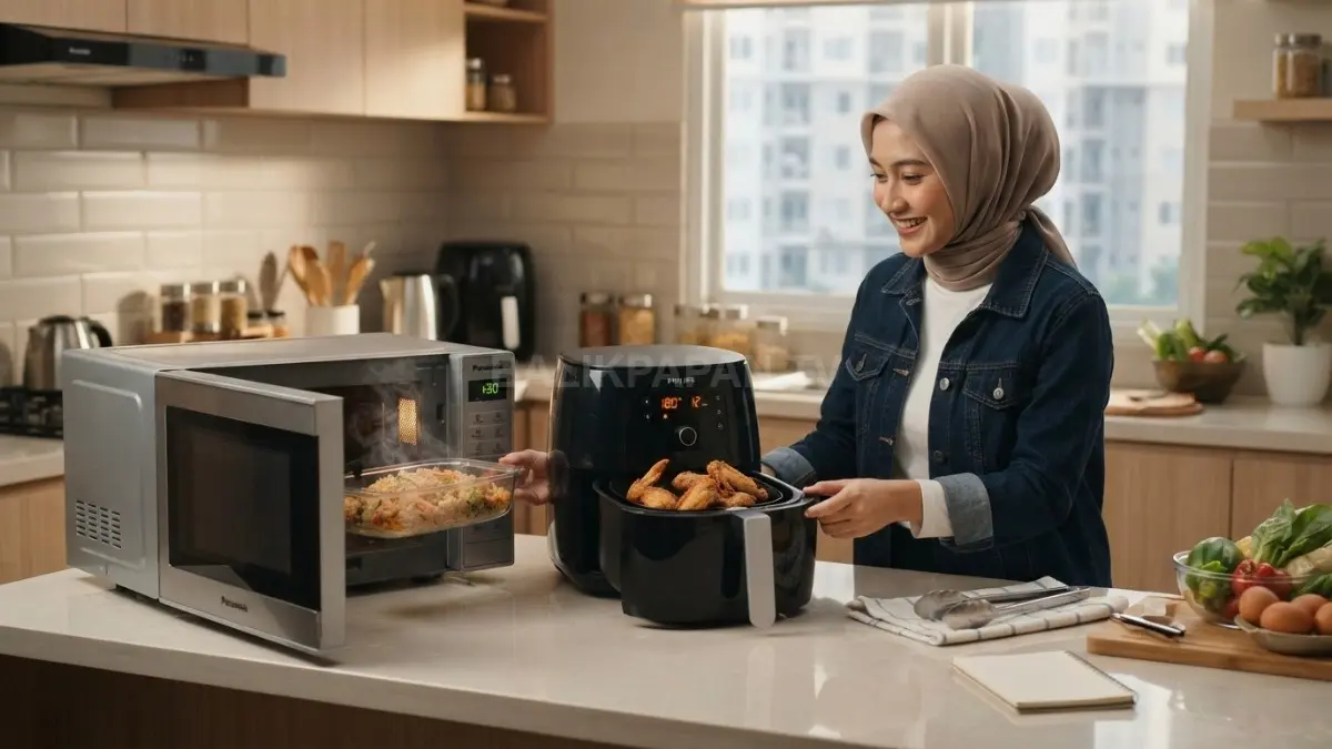 Microwave dan air fryer berdampingan sebagai perbandingan perangkat dapur modern, praktis, cepat, hemat, dan serbaguna (BTV/AI).