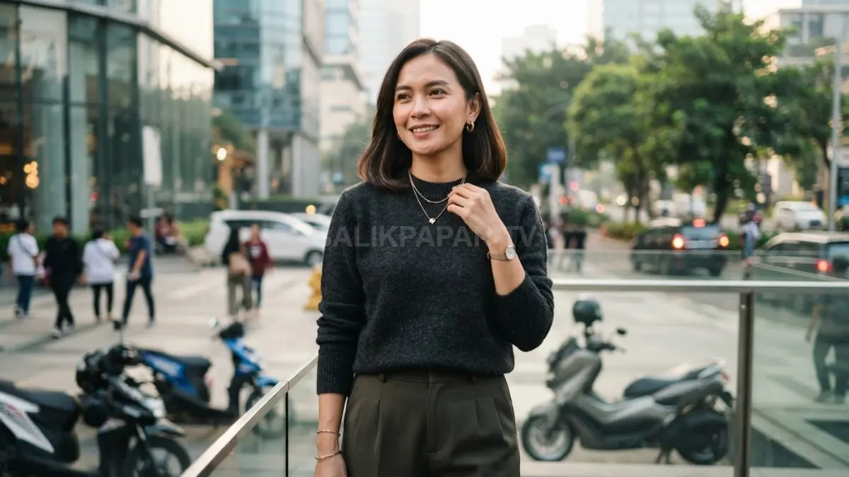 Padu padankan aksesori leher dengan bentuk neckline agar tampilan pakaian gelap lebih tegas dan seimbang. (BTV/AI)