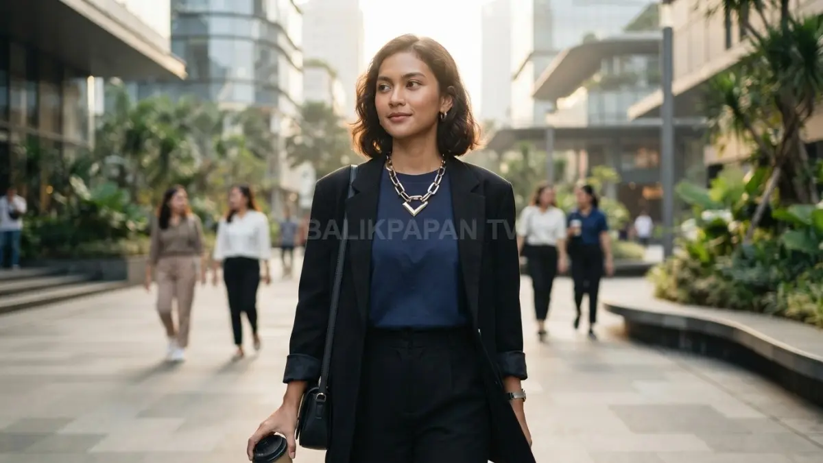 Pakaian gelap tampak berbeda dengan kalung statement bertekstur, kontras, dan proporsional yang menarik perhatian. (BTV/AI)