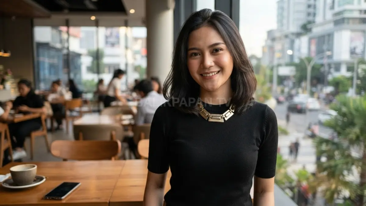 Pakaian hitam dipadukan aksesori leher berukuran tepat menghadirkan kontras dan karakter baru secara sederhana. (BTV/AI)
