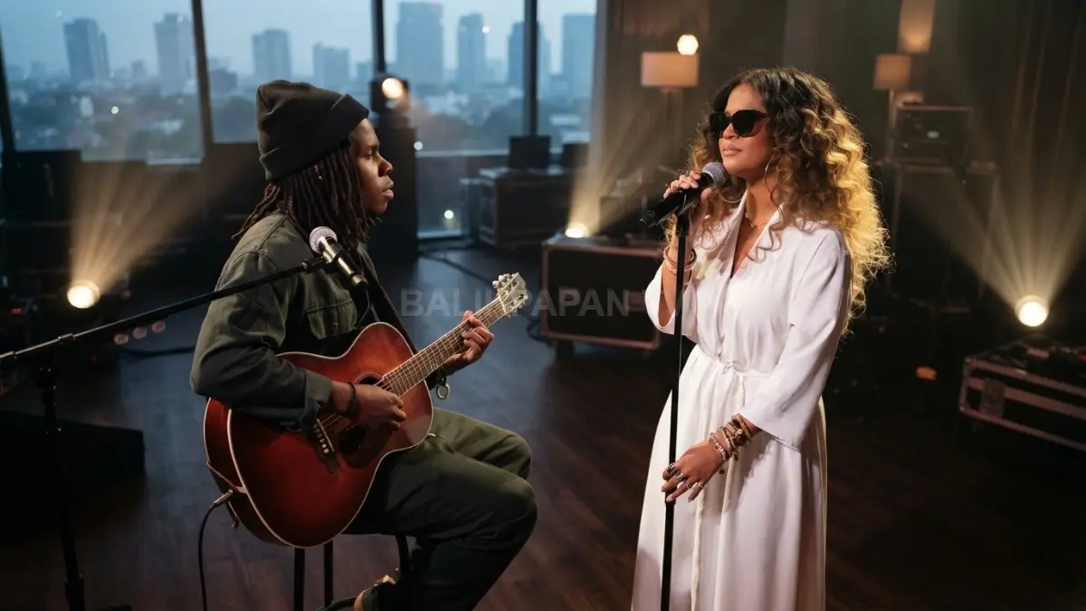 Penampilan intim Daniel Caesar memegang gitar akustik dan H.E.R. bernyanyi mengenakan gaun putih. (BTV/Ai)