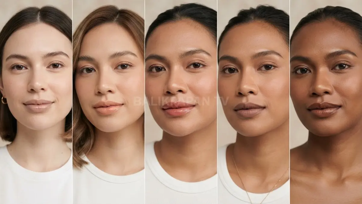 Perbandingan lipstik nude transparan yang menampilkan variasi warna indah pada berbagai pigmen bibir. (BTV/Ai)
