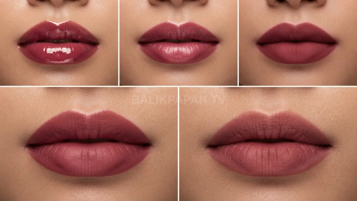 Perbandingan tampilan lipstik glossy, satin, dan matte pada bibir yang memperlihatkan perbedaan pantulan cahaya. (BTV/Ai)