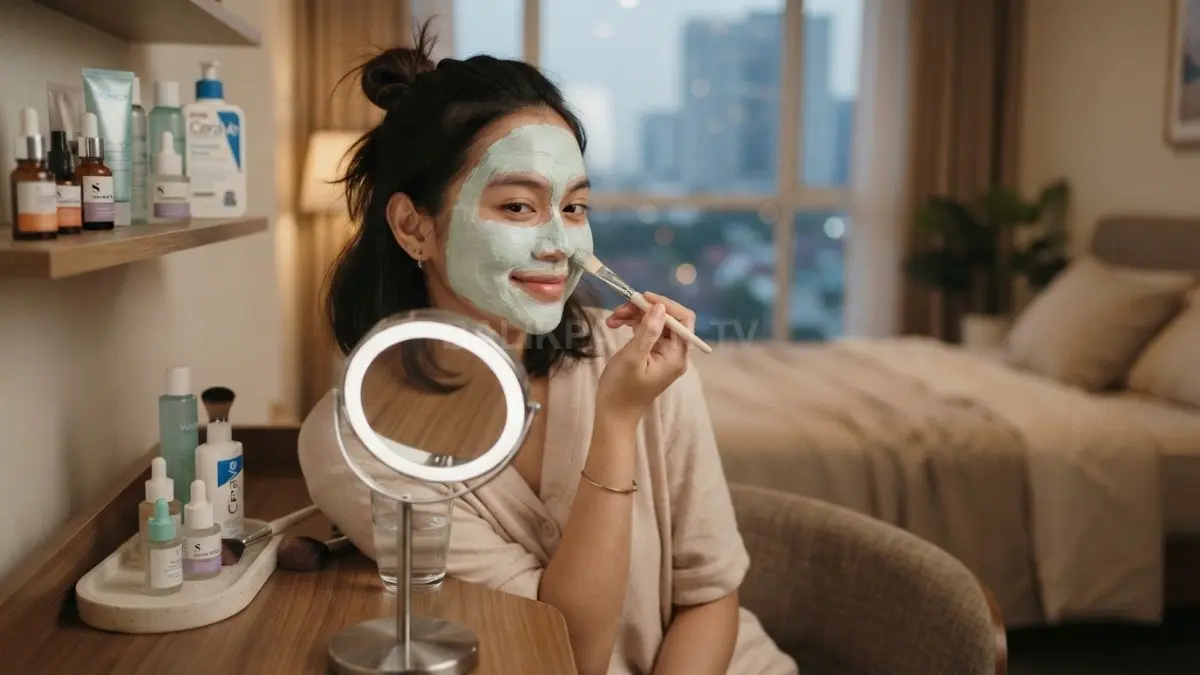 Perempuan menggunakan masker muka sebagai rutinitas skincare untuk merawat kondisi kulit agar tetap sehat alami. (BTV/AI)