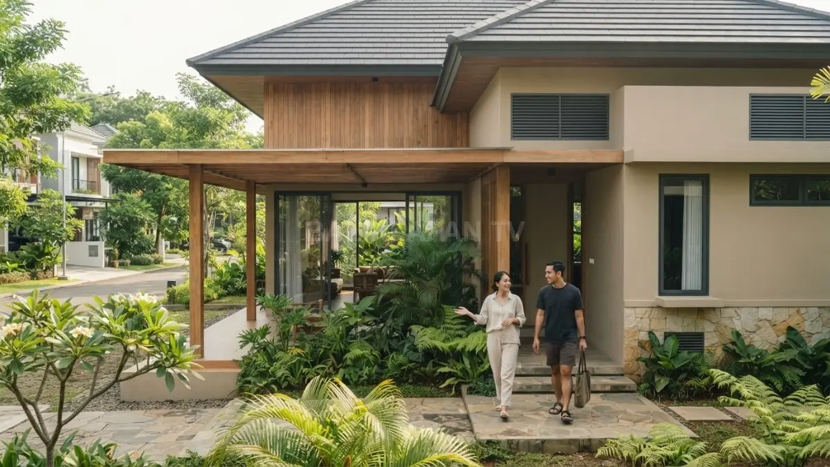 Perpaduan kayu, batu, dan beton menghadirkan nuansa natural modern Khmer yang hangat untuk hunian tropis. (BTV/AI)