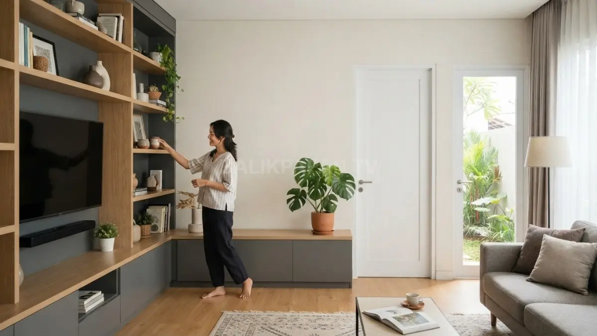 Rak bertingkat membagi dinding empat meter secara seimbang, menjaga pintu keluar tetap lega dan proporsional. (BTV/AI)