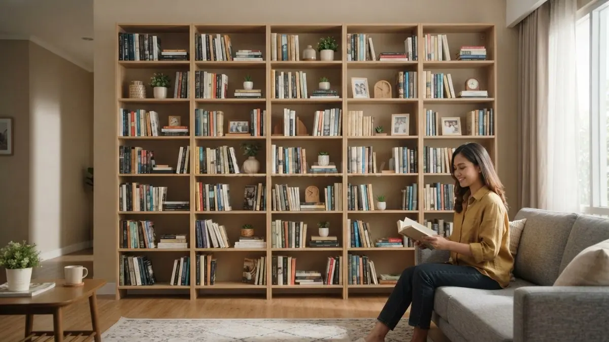 Rak buku tipis bertingkat memanfaatkan dinding dua meter, menciptakan perpustakaan mini rapi tanpa memenuhi lantai ruang tengah. (BTV/AI)