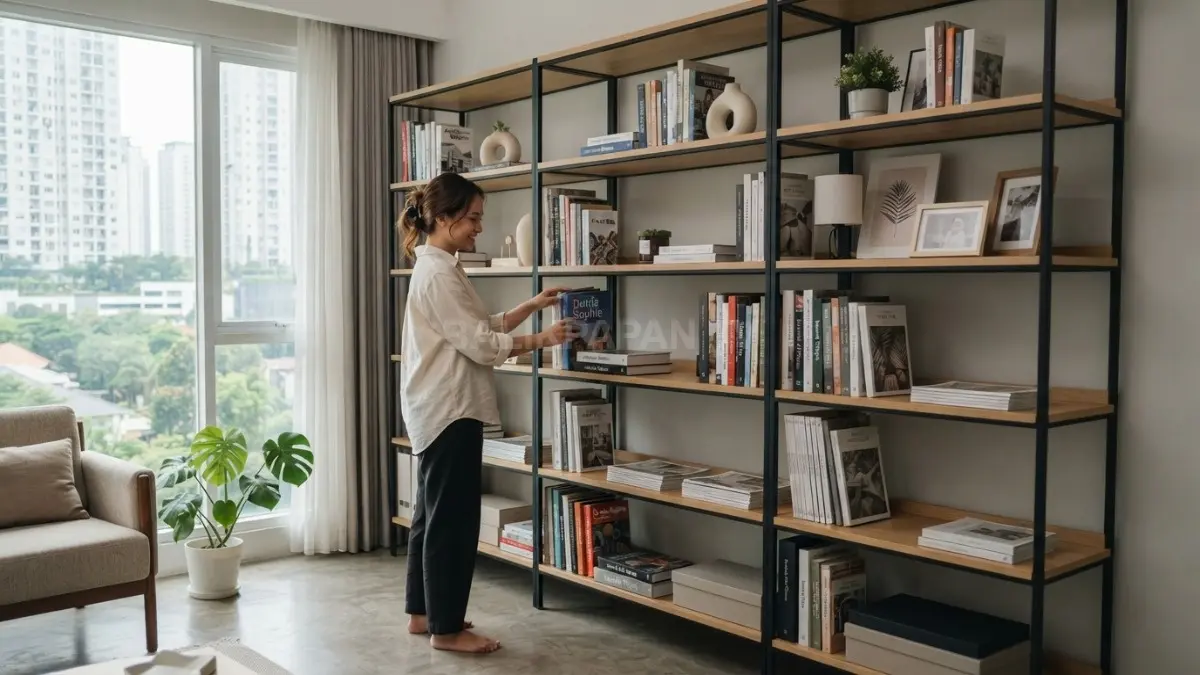 Rak lima tingkat dengan ruang kosong terukur menciptakan perpustakaan mini yang rapi, ringan, dan nyaman. (BTV/AI)