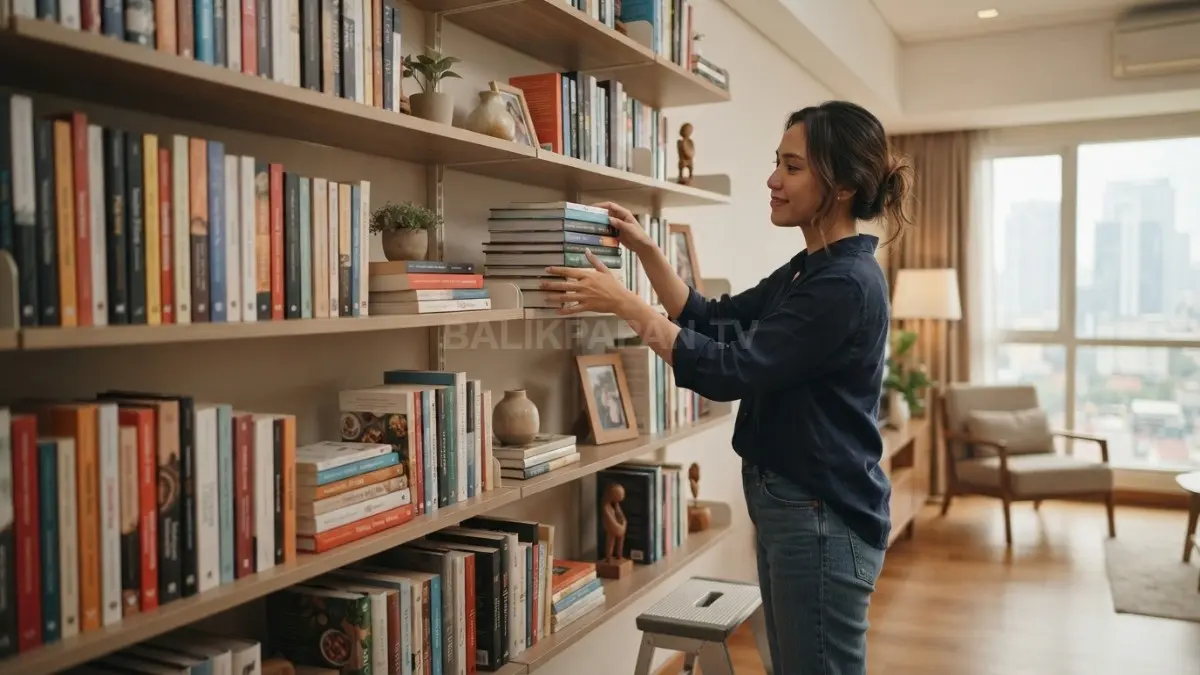 Rak mini 2 meter tampil rapi dengan buku berdiri, bertumpuk, dan dekorasi kecil sebagai jeda visual. (BTV/AI)