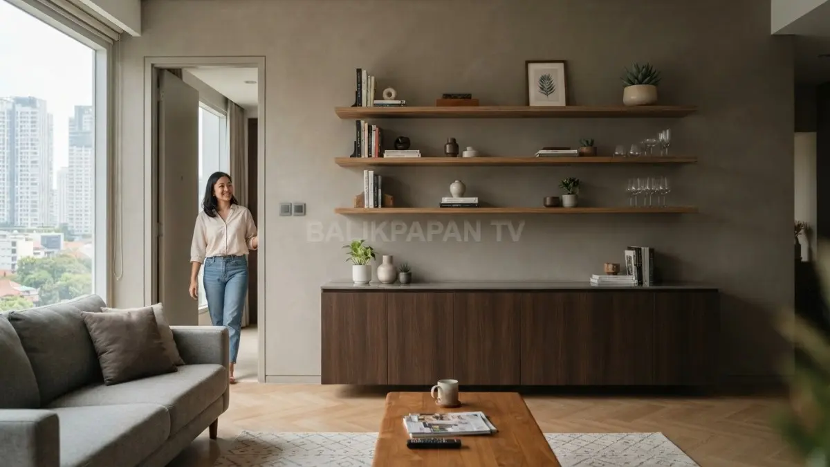 Rak rendah dengan ambalan terbuka menyimpan barang sekaligus menjaga ruang keluarga tetap ringan, rapi, dan lapang. (BTV/AI)