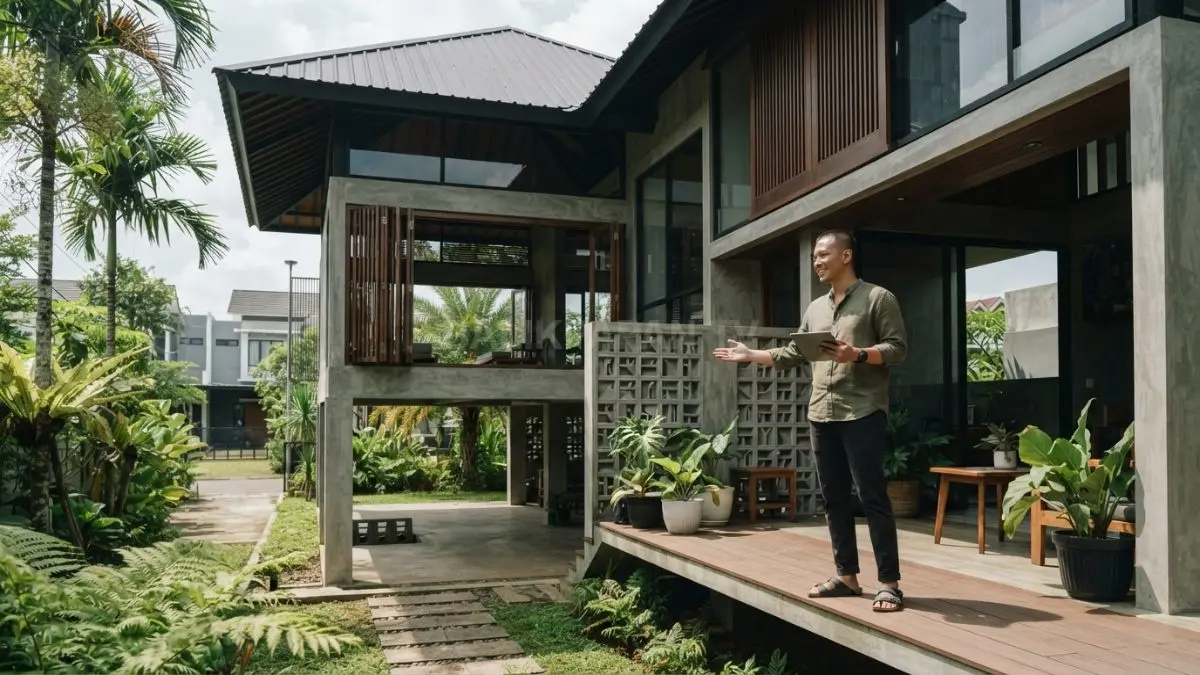 Rumah bergaya Kamboja dengan platform terangkat menciptakan ruang teduh dan sirkulasi udara alami yang nyaman. (BTV/AI)