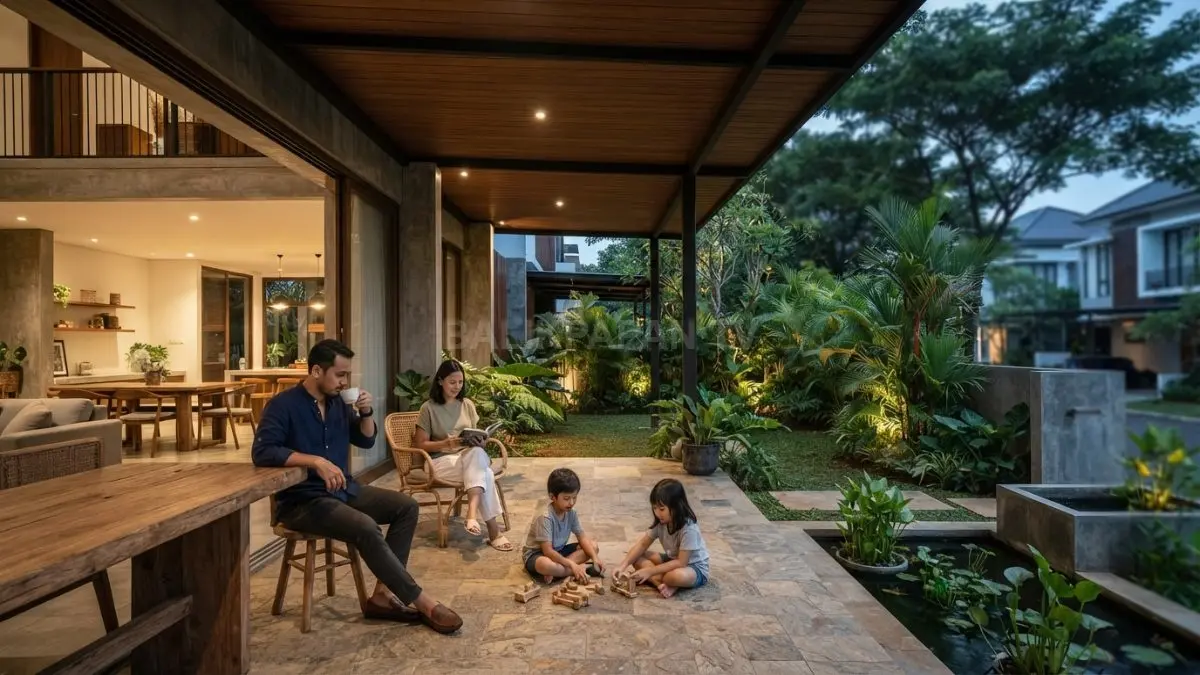 Rumah bergaya Kamboja menghadirkan teras teduh, ruang terbuka, dan material tropis untuk kenyamanan keluarga. (BTV/AI)