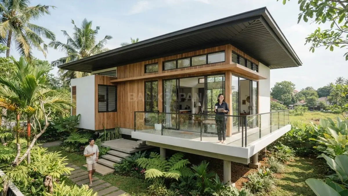 Rumah minimalis bergaya Brunei dengan atap lebar, kayu alami, dan ruang terbuka menciptakan suasana tropis nyaman (BTV/AI)