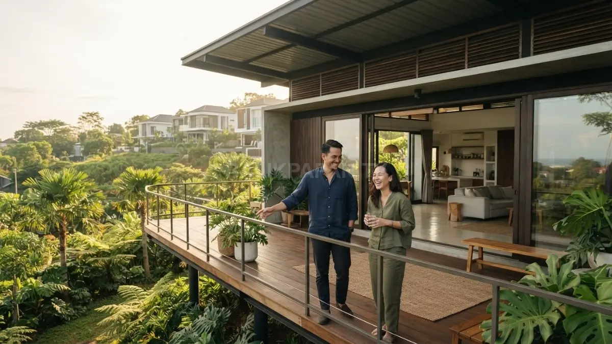 Rumah minimalis bergaya Brunei memadukan atap lebar, kayu, teras, taman, dan ruang terbuka tropis. (BTV/AI)