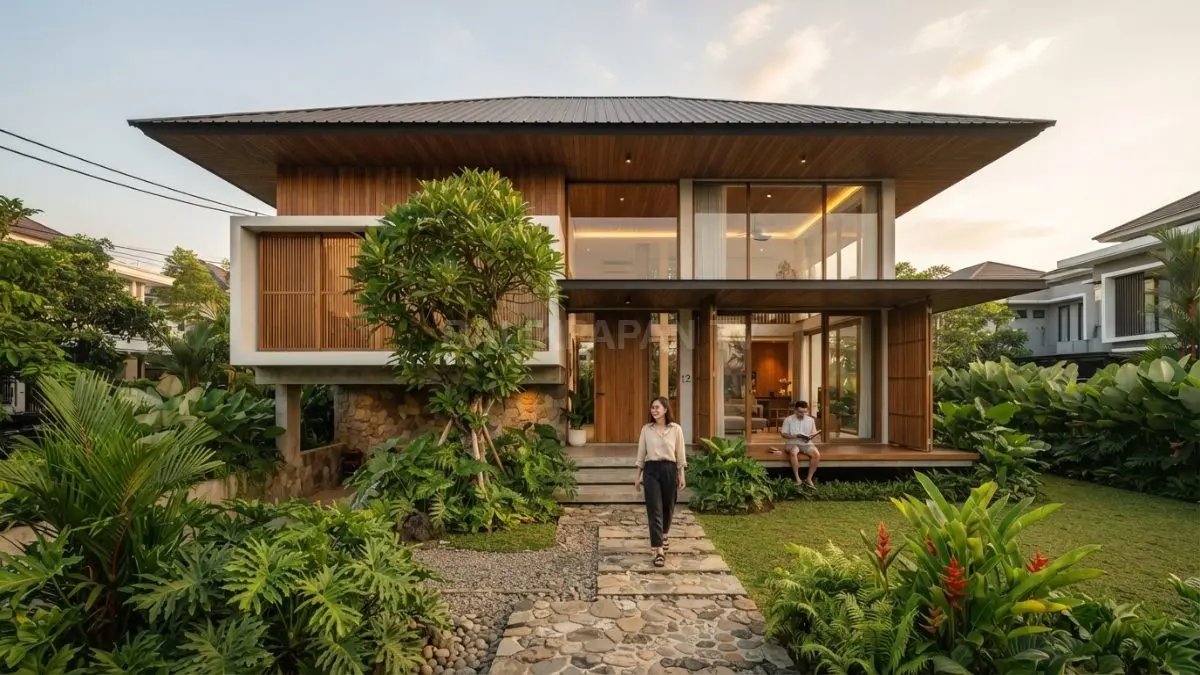 Rumah minimalis bergaya Brunei memadukan taman tropis, material natural, dan ruang terbuka yang sejuk. (BTV/AI)