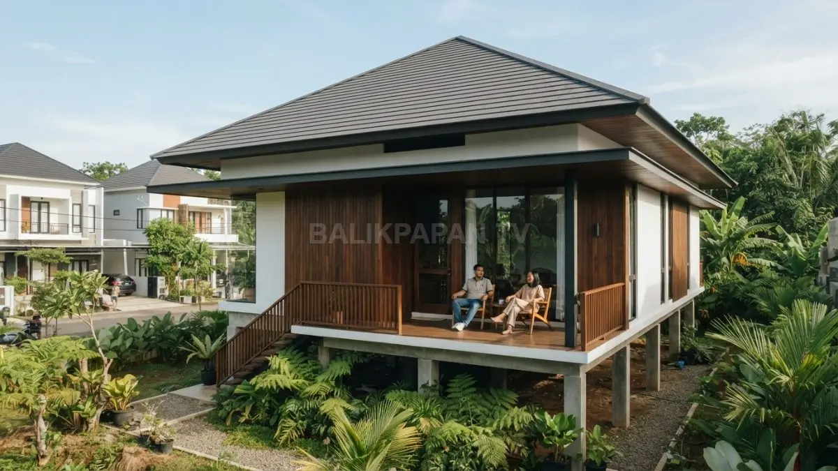 Rumah minimalis bergaya Brunei menonjolkan atap lebar untuk menghadirkan perlindungan tropis sekaligus karakter elegan modern (BTV/AI)