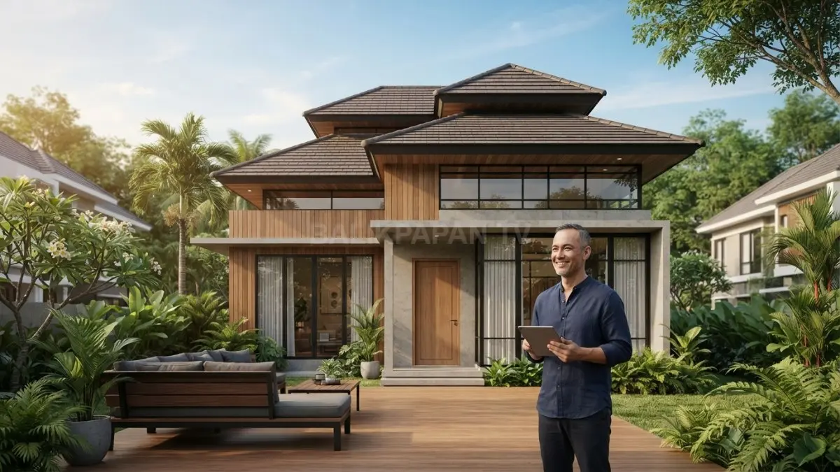 Rumah minimalis bergaya Myanmar memadukan atap bertingkat, kayu, teras, jendela luas, dan lanskap tropis yang nyaman (BTV/AI)