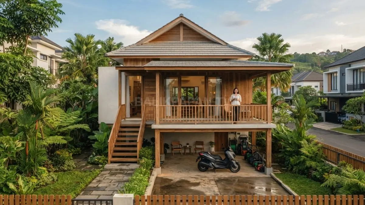 Rumah panggung modern memadukan struktur kayu, atap pelana, teras, dan ruang bawah yang fungsional khas Myanmar (BTV/AI)