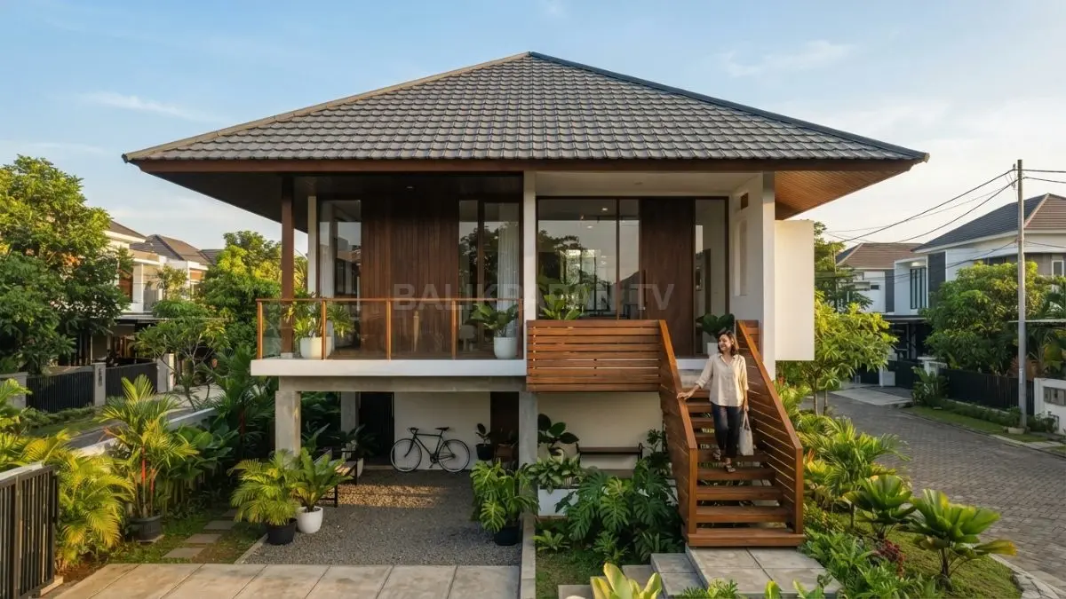 Rumah panggung modern terinspirasi Brunei memadukan struktur tinggi, kayu, teras, serta taman tropis yang elegan. (BTV/AI)