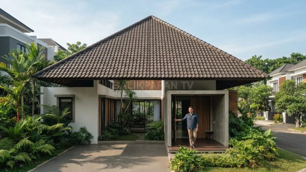 Rumah tropis bergaya Kamboja dengan atap lebar menciptakan hunian teduh, sejuk, dan nyaman (BTV/AI)