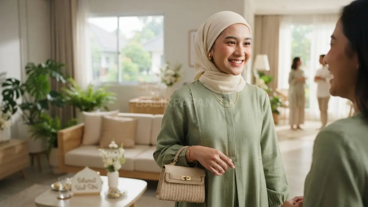 Sage green memberi kesan lembut, tenang, modern, cocok untuk Lebaran dengan hijab cream serta aksesori gold. (BTV/AI)