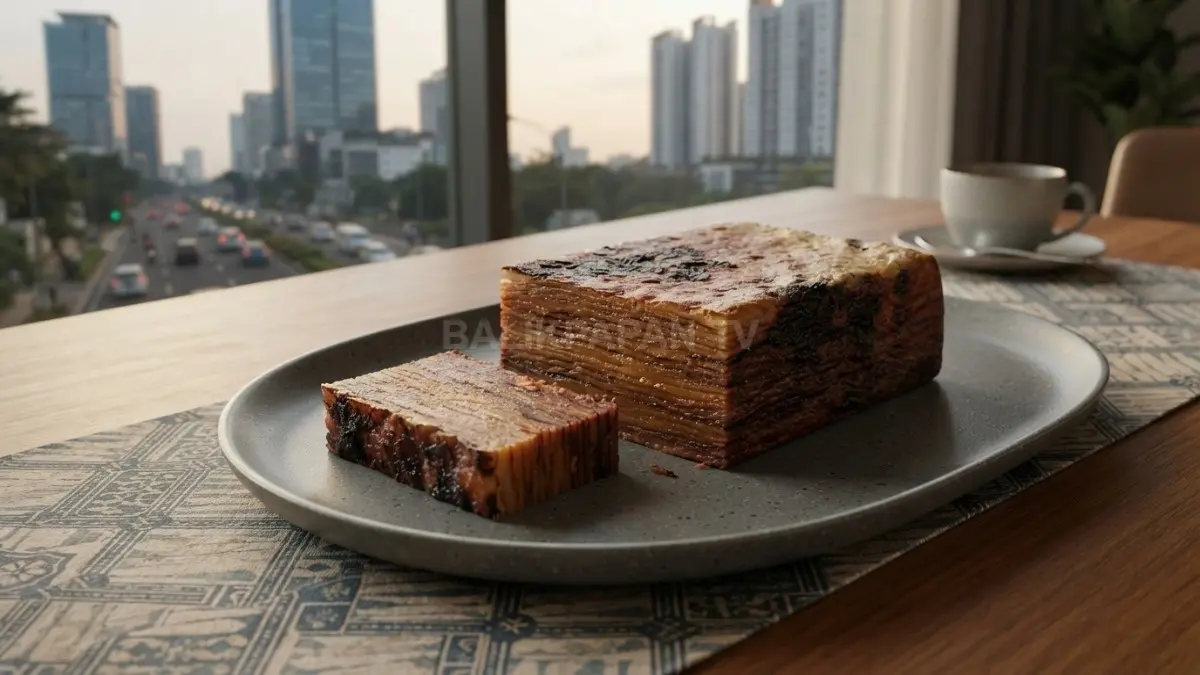 Sajian kue lam bakar khas Barabai bertekstur berlapis yang disajikan di atas piring. (BTV/Ai)