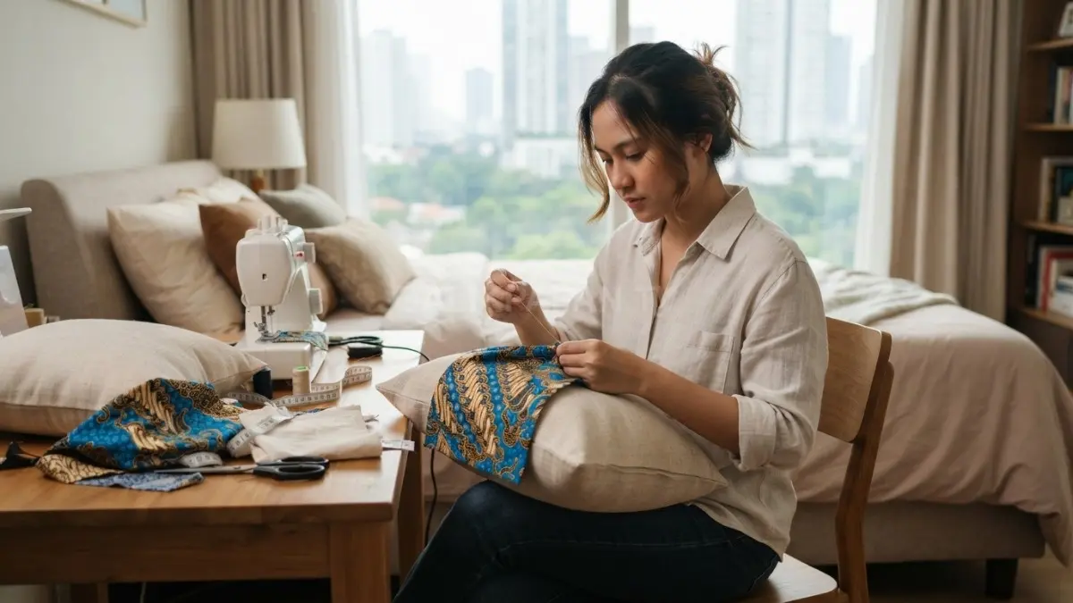 Sarung bantal kain tradisional menyegarkan bantal lama, nyaman disentuh, dan menghadirkan nuansa budaya. (BTV/AI)