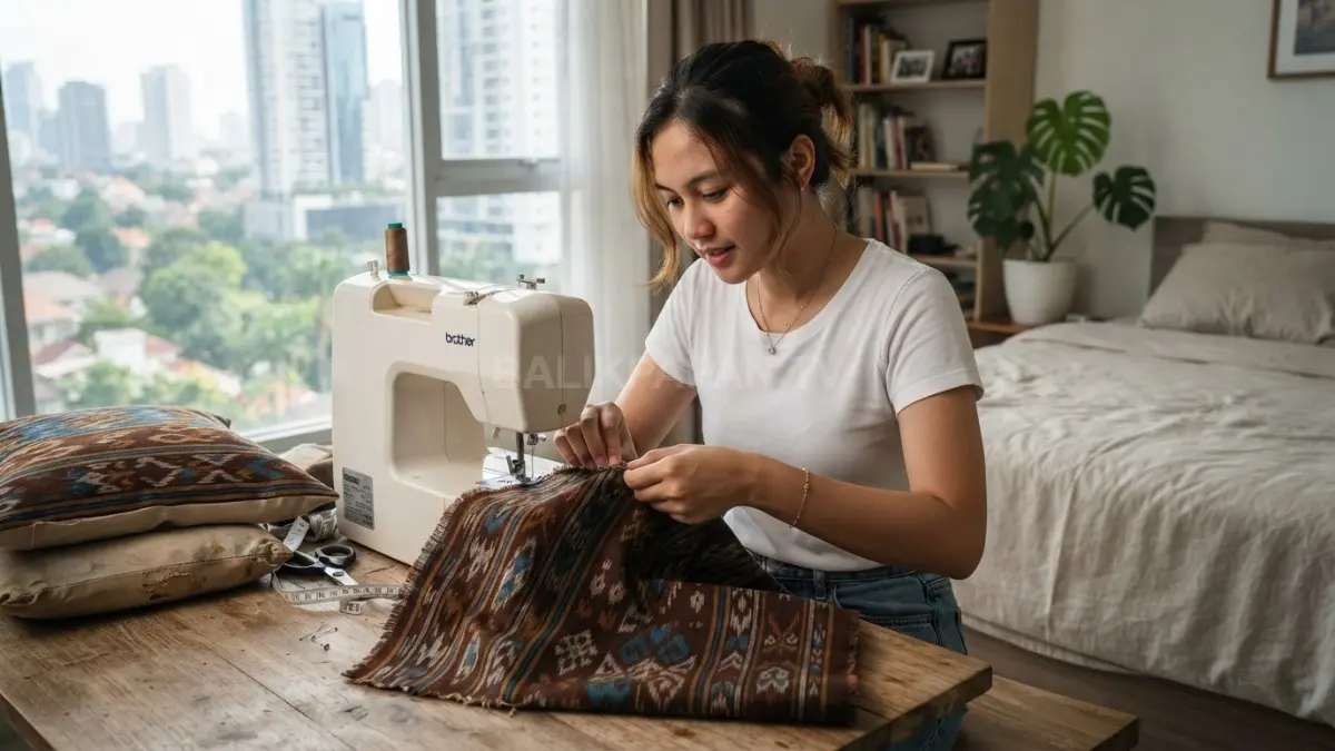 Sarung kain tradisional memperbarui bantal lama, rapikan tepi agar kuat dan awet digunakan. (BTV/AI)
