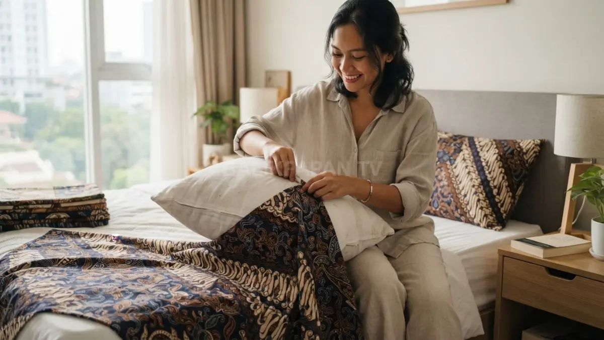Sarung tradisional menyegarkan bantal lama, memberi sentuhan budaya sekaligus mempercantik suasana kamar tidur. (BTV/AI)