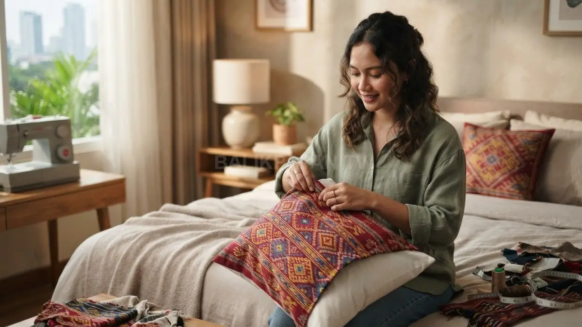 Sarung tradisional menyegarkan bantal lama, rapi, mudah dicuci, dan memperkaya nuansa budaya kamar. (BTV/AI)