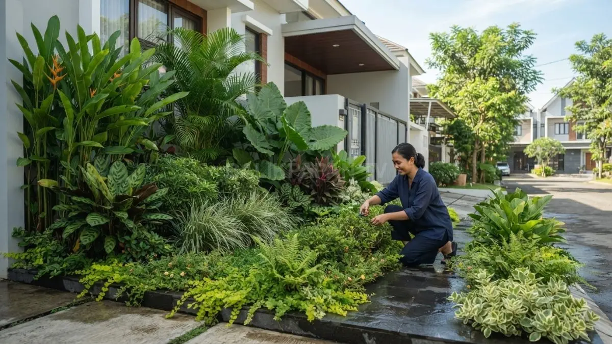 Taman depan rumah tampil lebih indah dengan susunan tanaman berlapis, hijau, dan sesuai kondisi cahaya (BTV/AI).