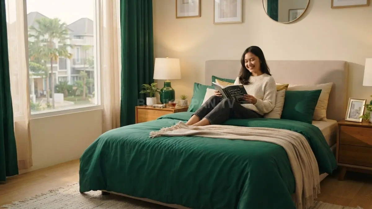Tekstil zamrud pada seprai, bantal, selimut, dan tirai menghadirkan suasana elegan yang fleksibel untuk kamar (BTV/AI)