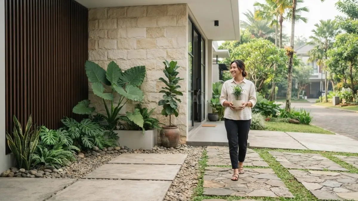 Teras depan natural minimalis memadukan tanaman terarah, batu alam, aksen kayu, serta ruang kosong seimbang. (BTV/AI)