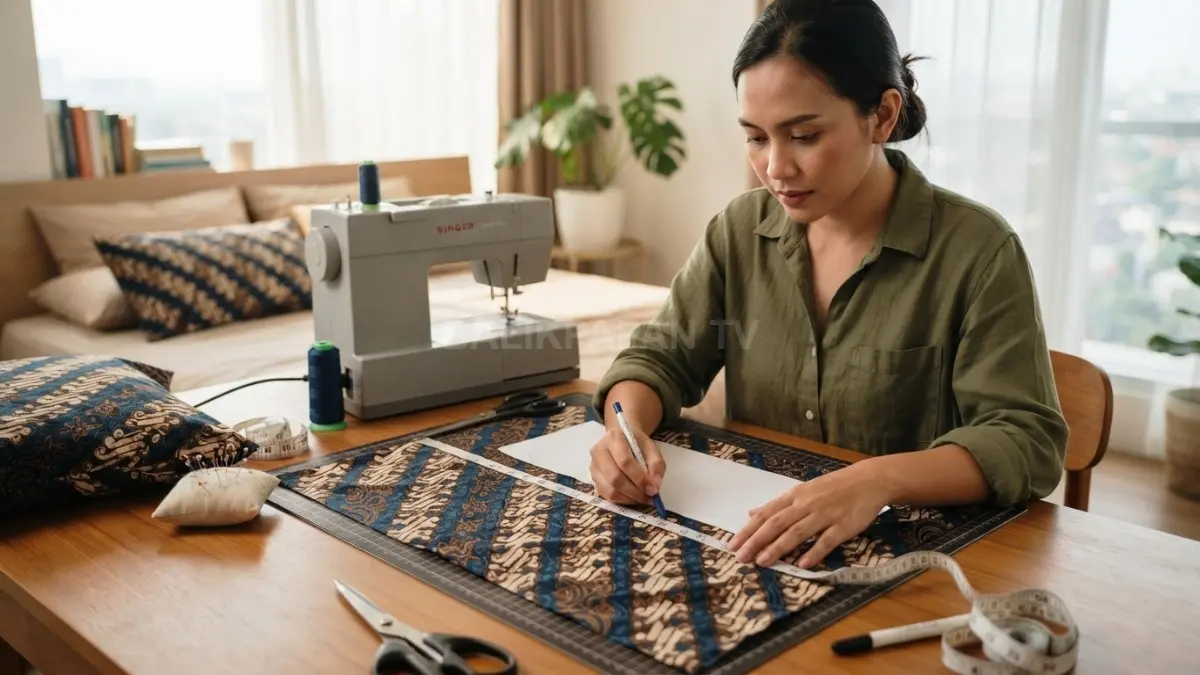 Ukur bantal, tandai kain tradisional dengan ruang jahitan dan penutup belakang agar sarung pas. (BTV/AI)
