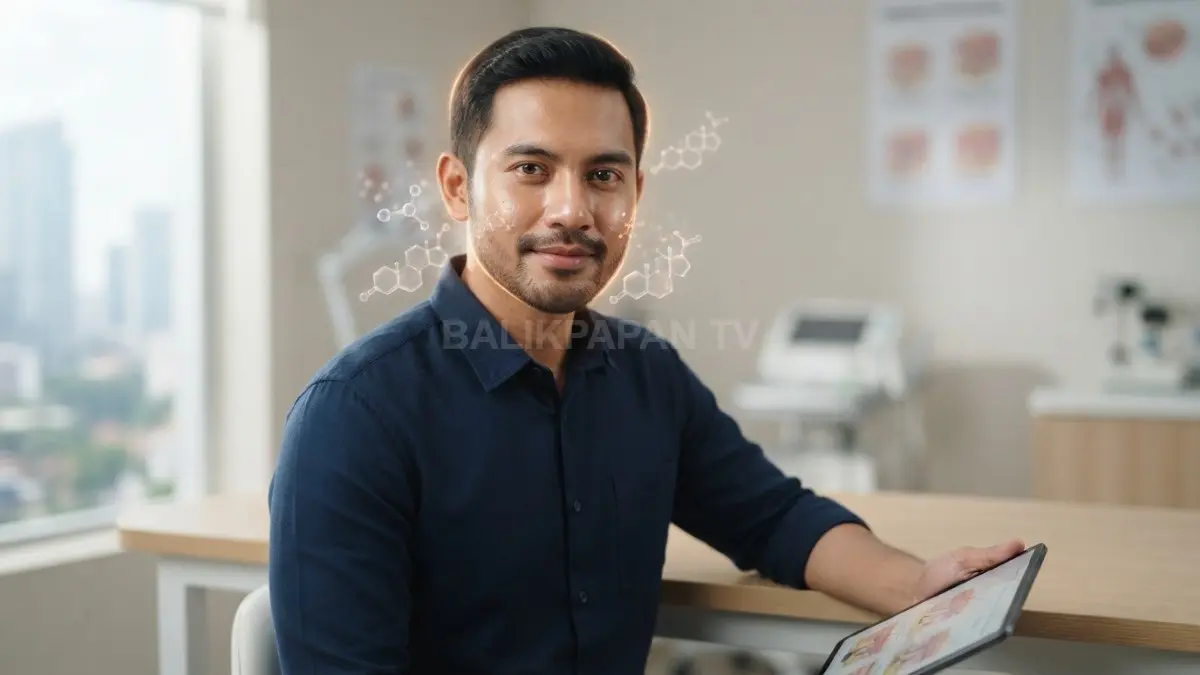 Visual edukasi dermatologi menampilkan peran hormon androgen dan testosteron pada kesehatan kulit pria. (BTV/Ai)