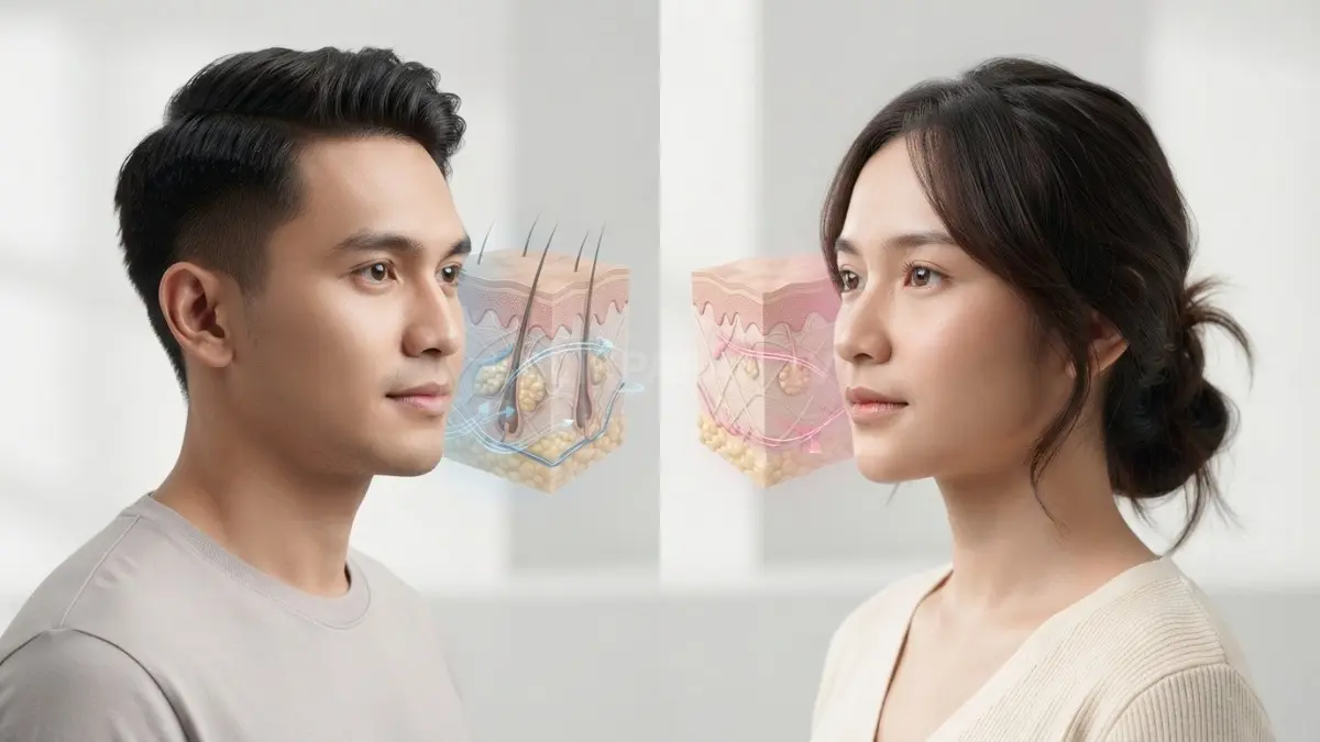 Visual perbandingan struktur kulit pria dan wanita untuk edukasi dermatologi dengan tampilan profesional. (BTV/Ai)