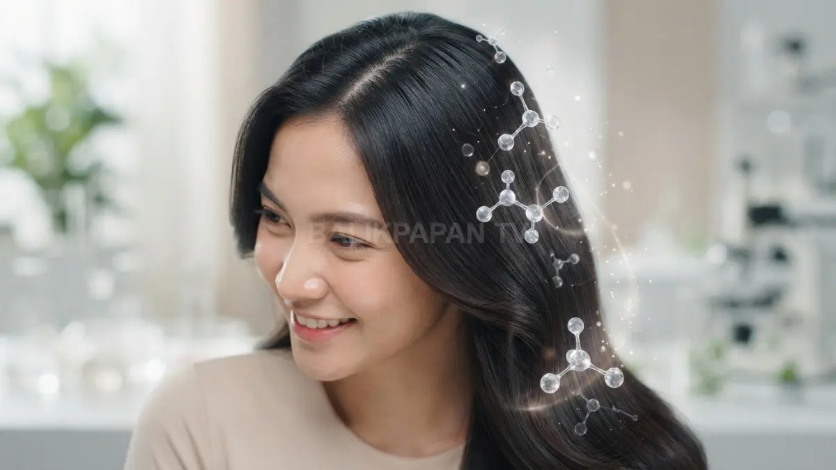 Visualisasi perawatan rambut sehat berkilau dan kulit kepala bersih berkonsep sains kecantikan modern. (BTV/Ai)