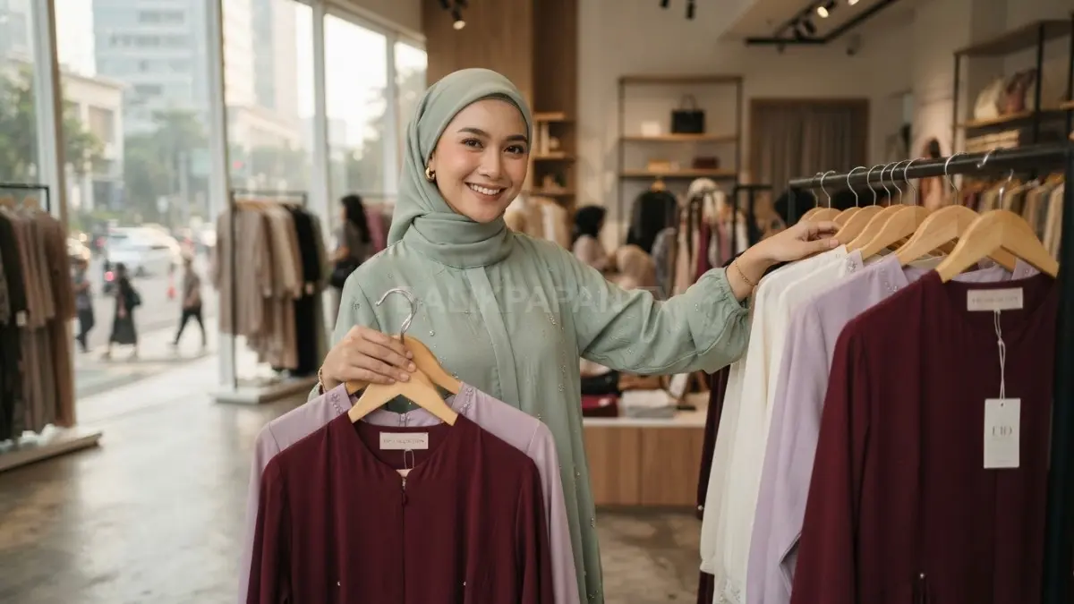 Warna gamis Lebaran sage, lilac, ivory, dan burgundy bikin perempuan tampil elegan, fresh, nyaman (BTV/AI).