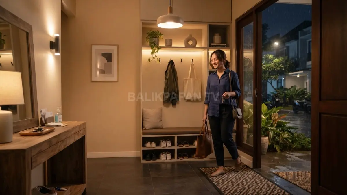 Area masuk rumah dengan pencahayaan berlapis membuat ruang terasa hangat, nyaman, praktis, dan mudah digunakan sehari-hari. (BTV/AI)