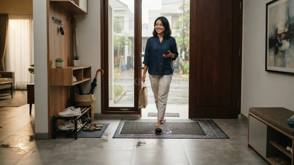 Area masuk rumah tertata dengan lantai mudah dirawat dan karpet stabil membuat aktivitas pulang lebih nyaman. (BTV/AI)