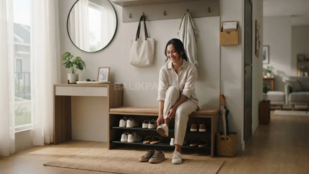 Area masuk rumah yang mengikuti rutinitas penghuni membuat suasana pulang lebih rapi, praktis, dan personal. (BTV/AI)