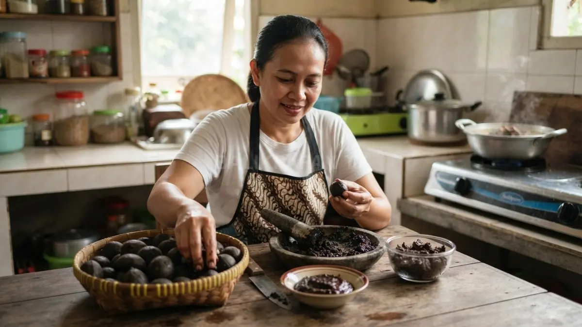 Biji keluak hitam menjadi bumbu tradisional dengan aroma khas, rasa gurih, dan pengetahuan kuliner Kalimantan. (BTV/AI)