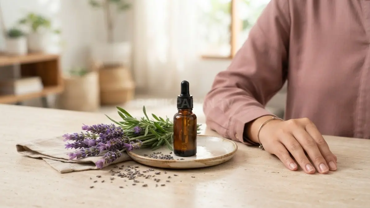 Botol minyak esensial murni dan lavender segar untuk edukasi penggunaan aromaterapi yang aman. (BTV/Ai)