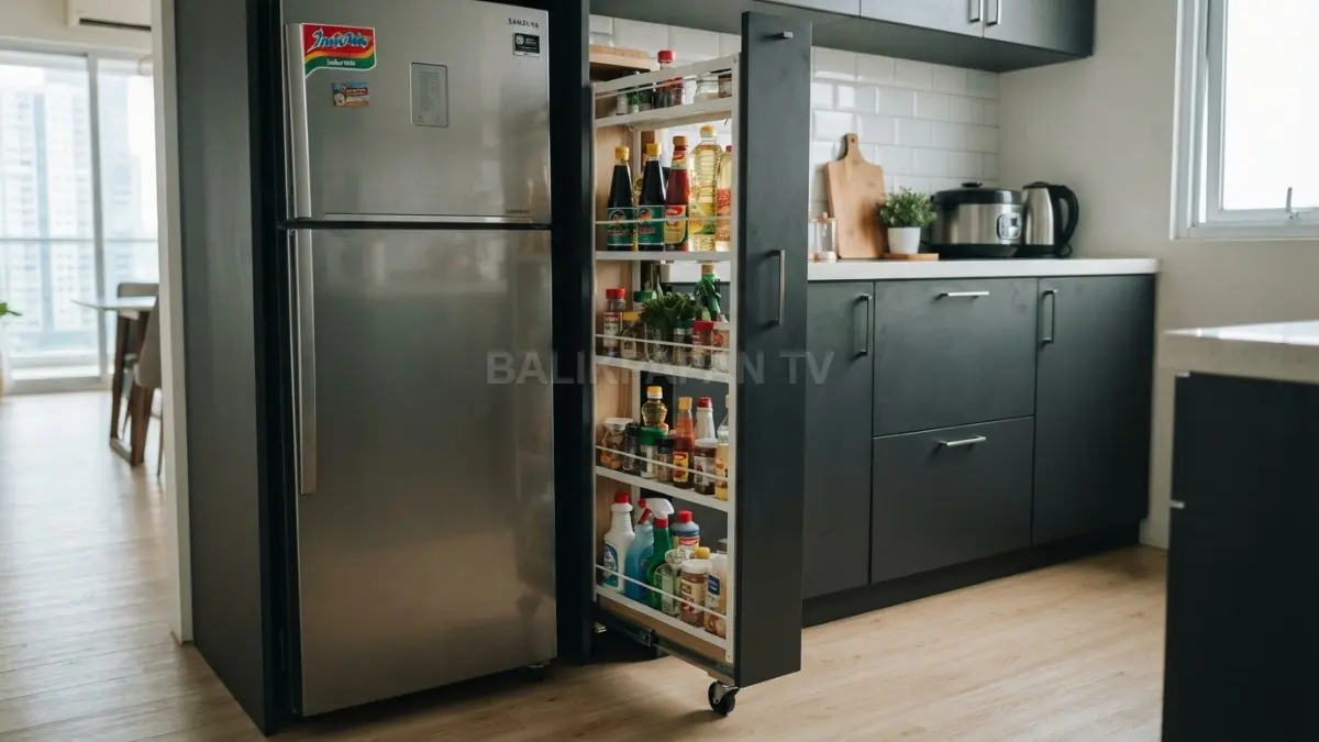 Celah sempit di antara furnitur bisa dimanfaatkan sebagai penyimpanan tipis untuk botol, bahan makanan, atau perlengkapan rumah. (BTV/AI)